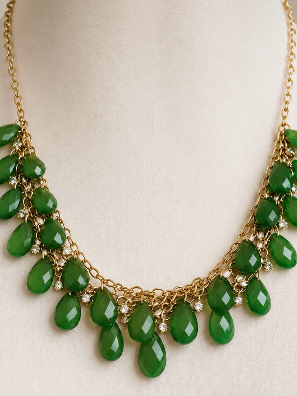 Emerald Green Teardrop Beaded Statement Necklace with Rhinestone Accents